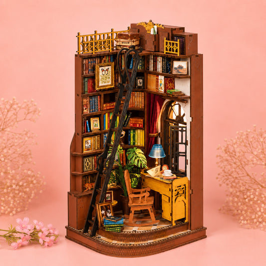 Book nook bibliothèque miniature rétro avec étagères et éclairage LED intégré