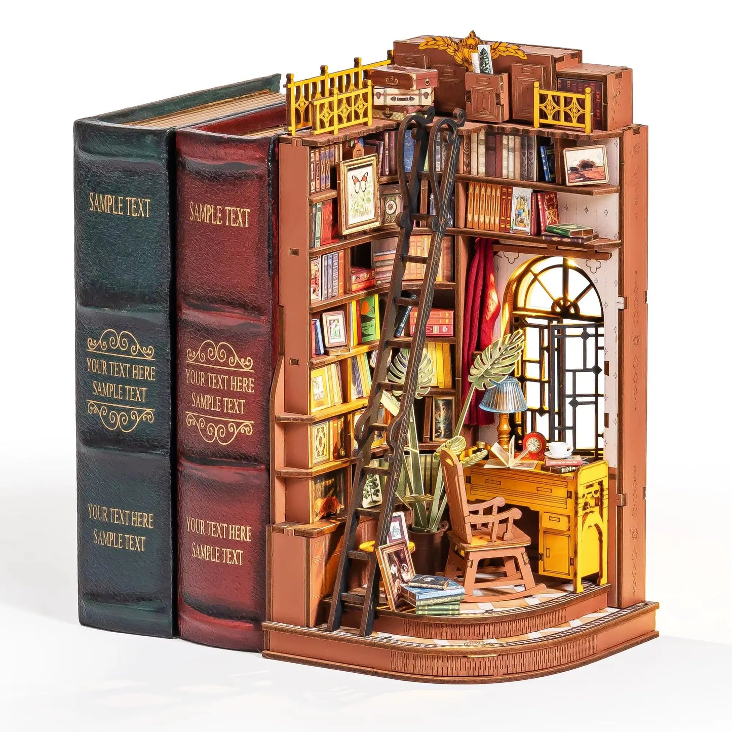 Book nook bibliothèque miniature rétro avec étagères et éclairage LED intégré