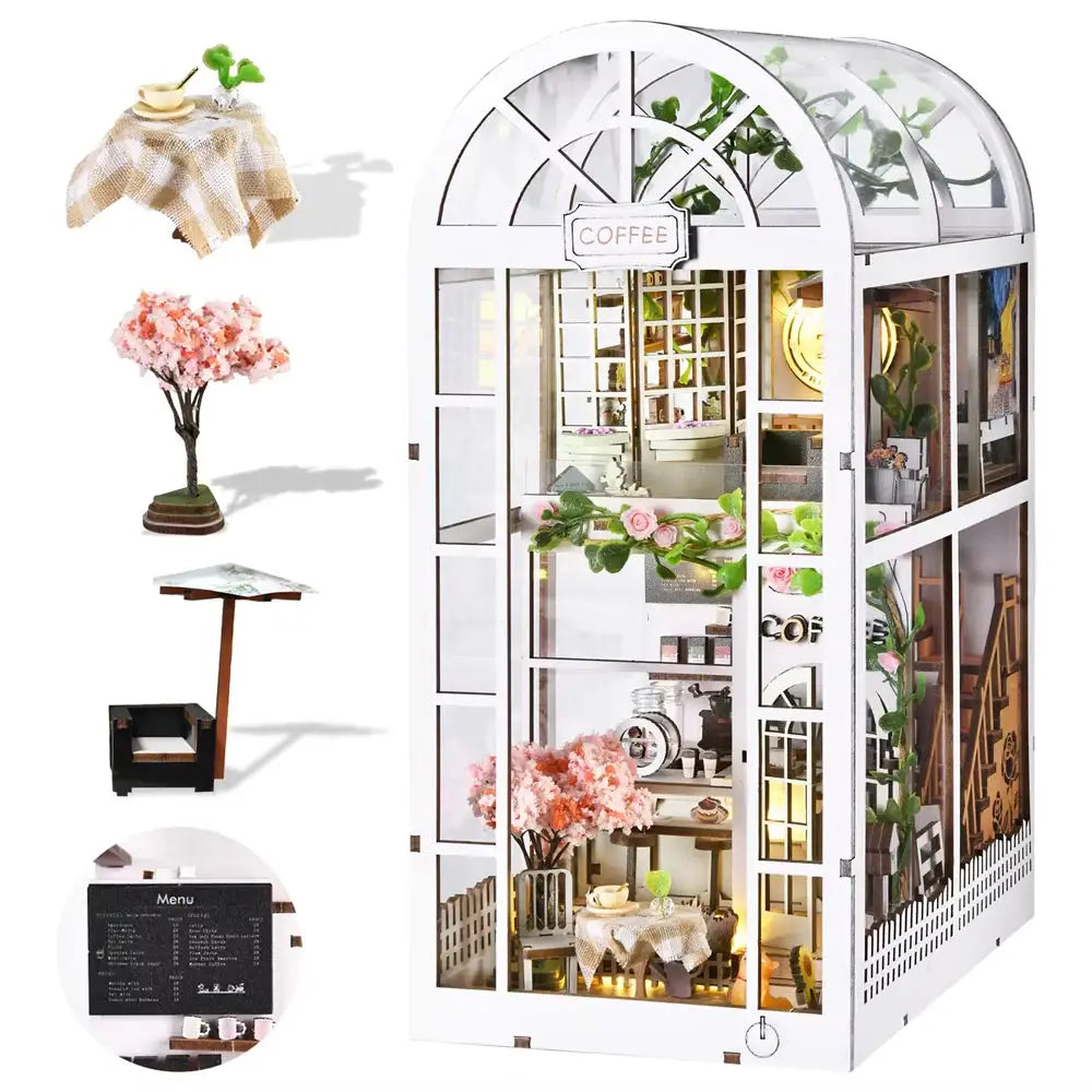 Book Nook Café au Jardin détail miniature serre fleurie avec éclairage LED