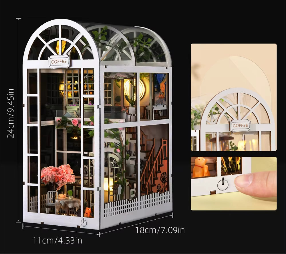 Dimensions du Book Nook Café au Jardin — kit DIY miniature 148 pièces — My Little World