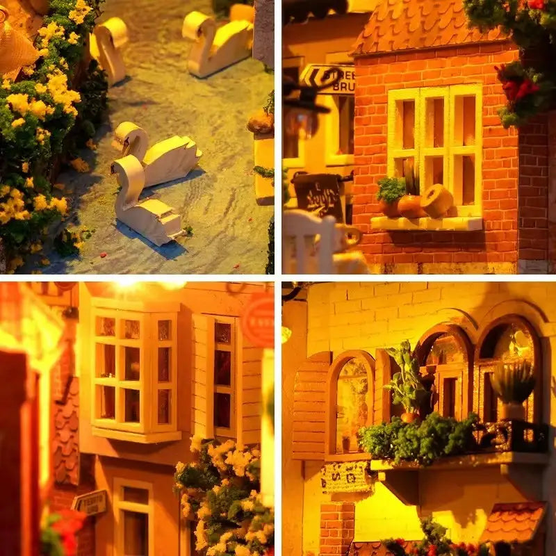 Détails intérieurs du book nook Ville Romantique avec ruelle miniature