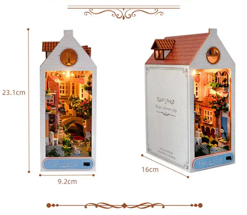 Dimensions du book nook Ville Romantique décor miniature à assembler